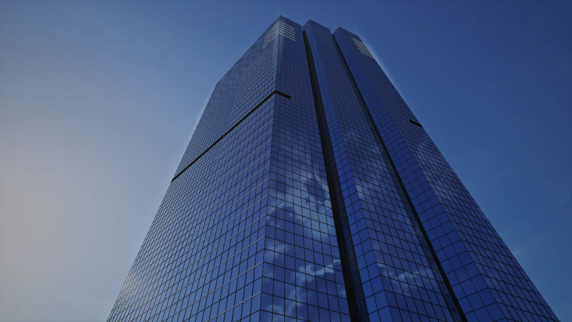 Upward view of the Jordan Gate tower glass façade