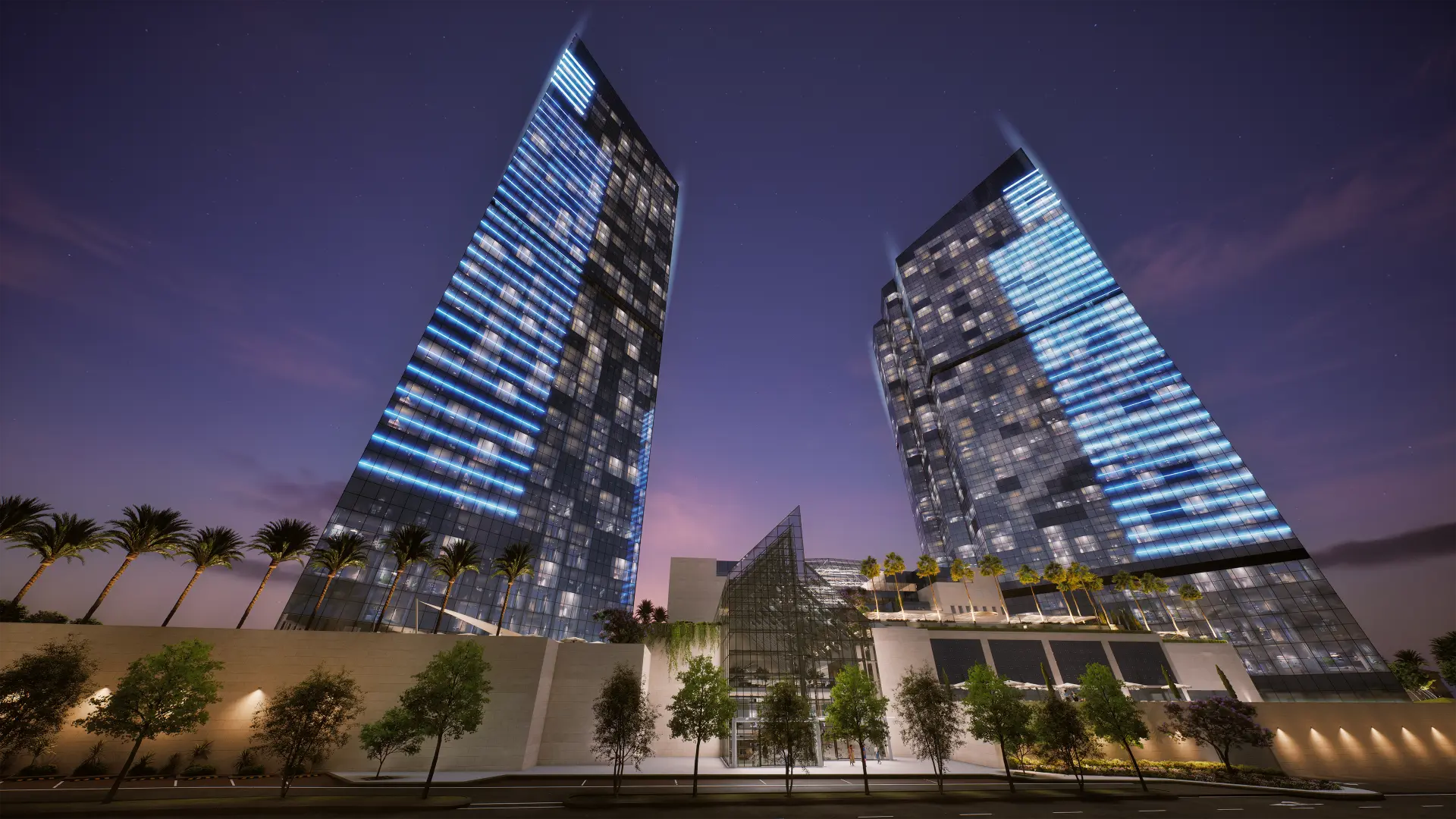 Jordan Gate towers illuminated at night